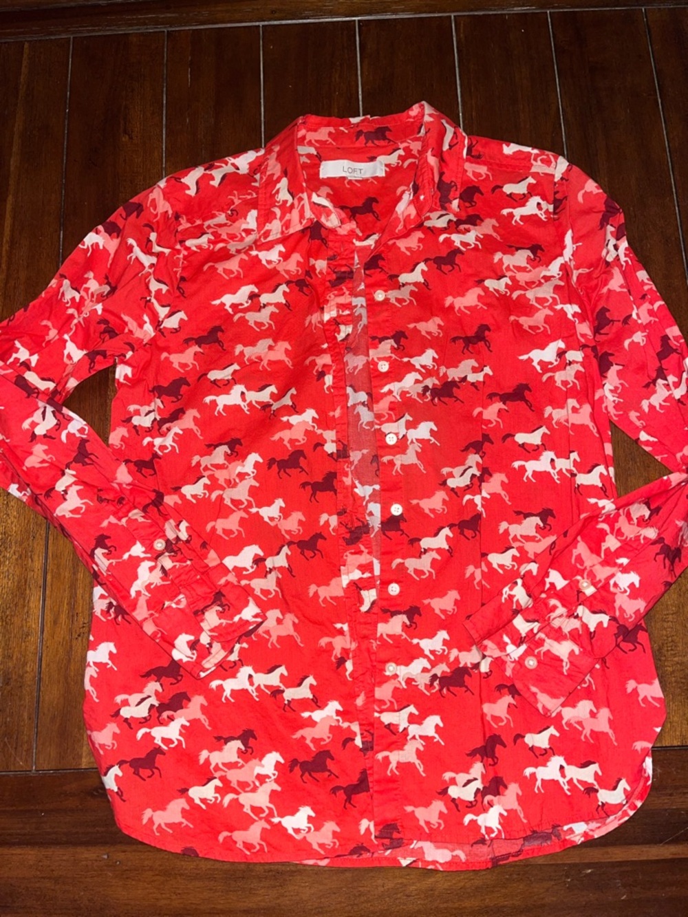 LOFT 100% cotton salmon Horse-Print Button-Down Shirt